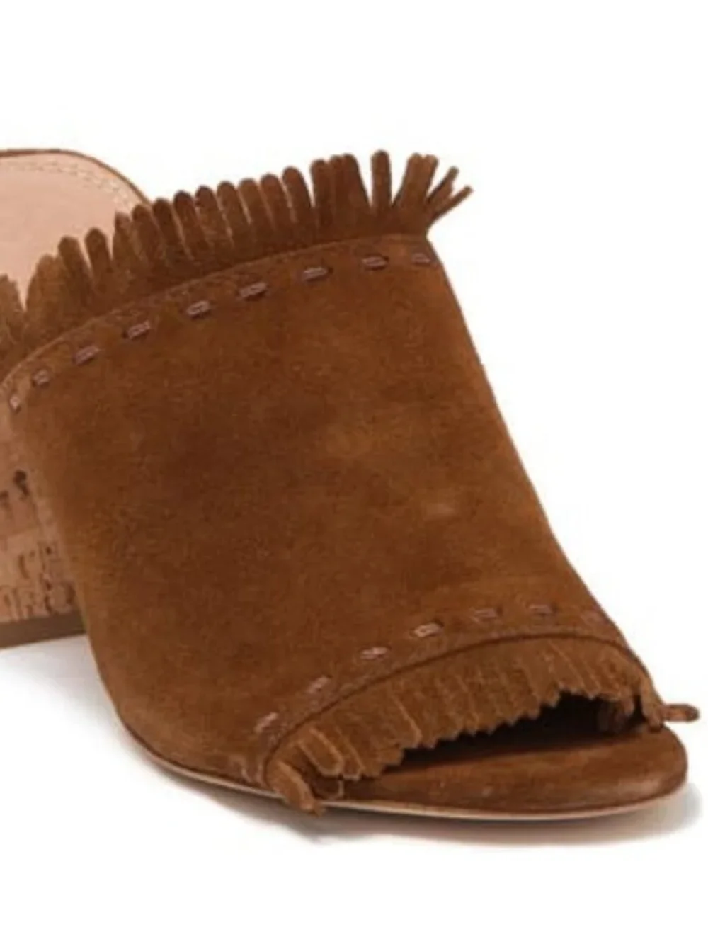 Womens Tory Burch Huntington Brown Fringed Suede Cork Block Heeled Sandals 7.5